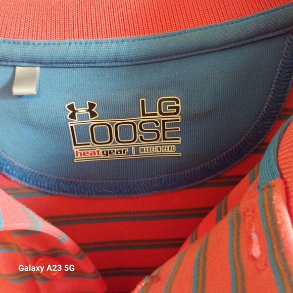 Under Armour Mens HeatGear Loose Fit Polo Shirt Red/Blue Striped LG 24" Armpit T - Picture 2 of 9